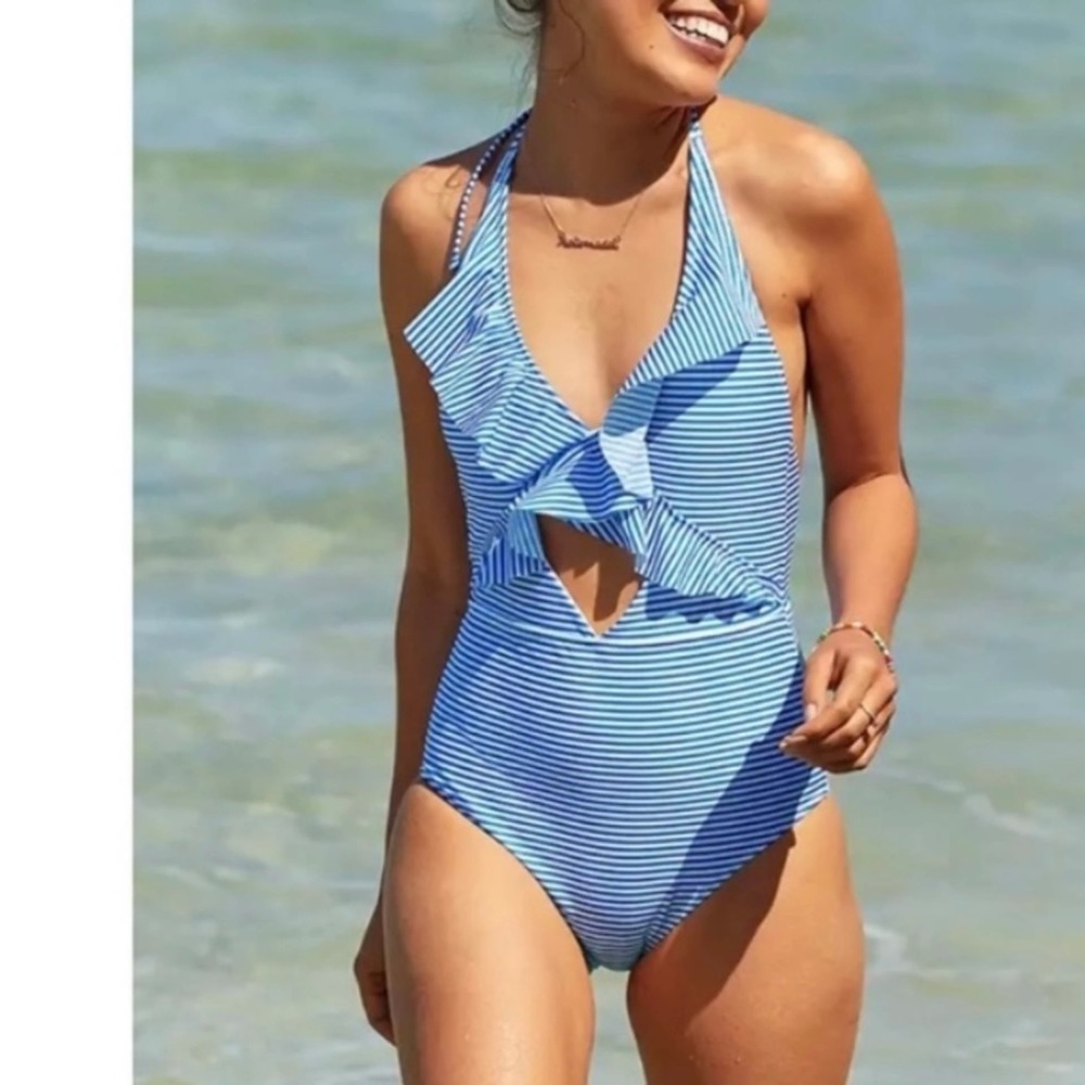 Aerie blue striped one piece swimsuit L